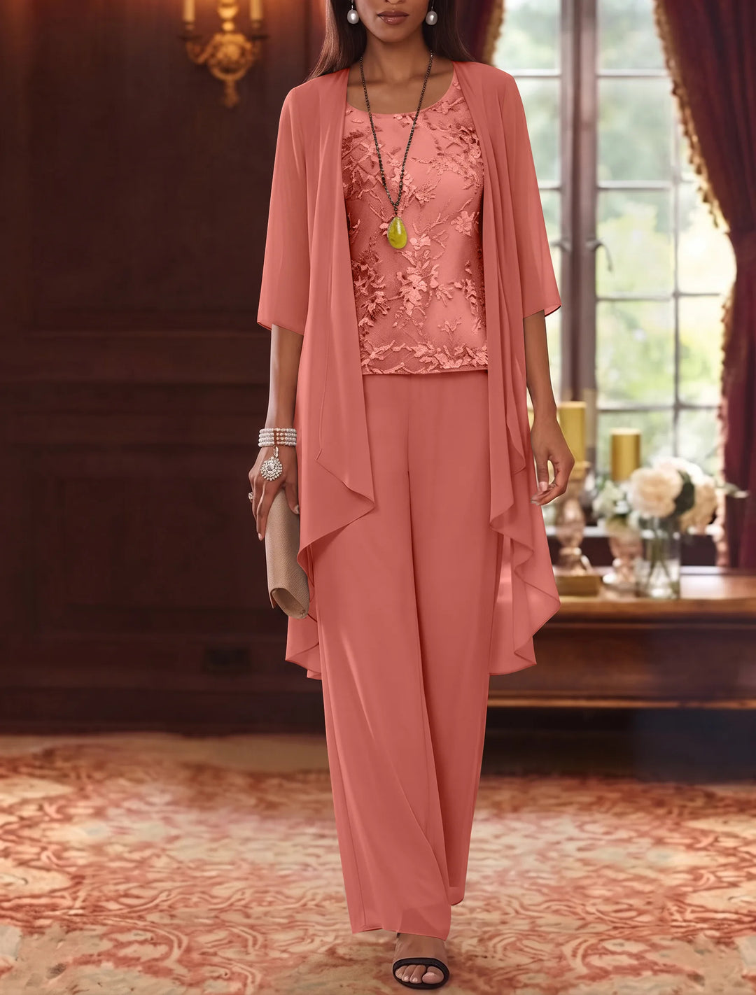 Robe mère de la mariée, Costume-Pantalon, Col Rond, Mousseline, Manches 3/4, Longueur de la Cheville, Dentelle