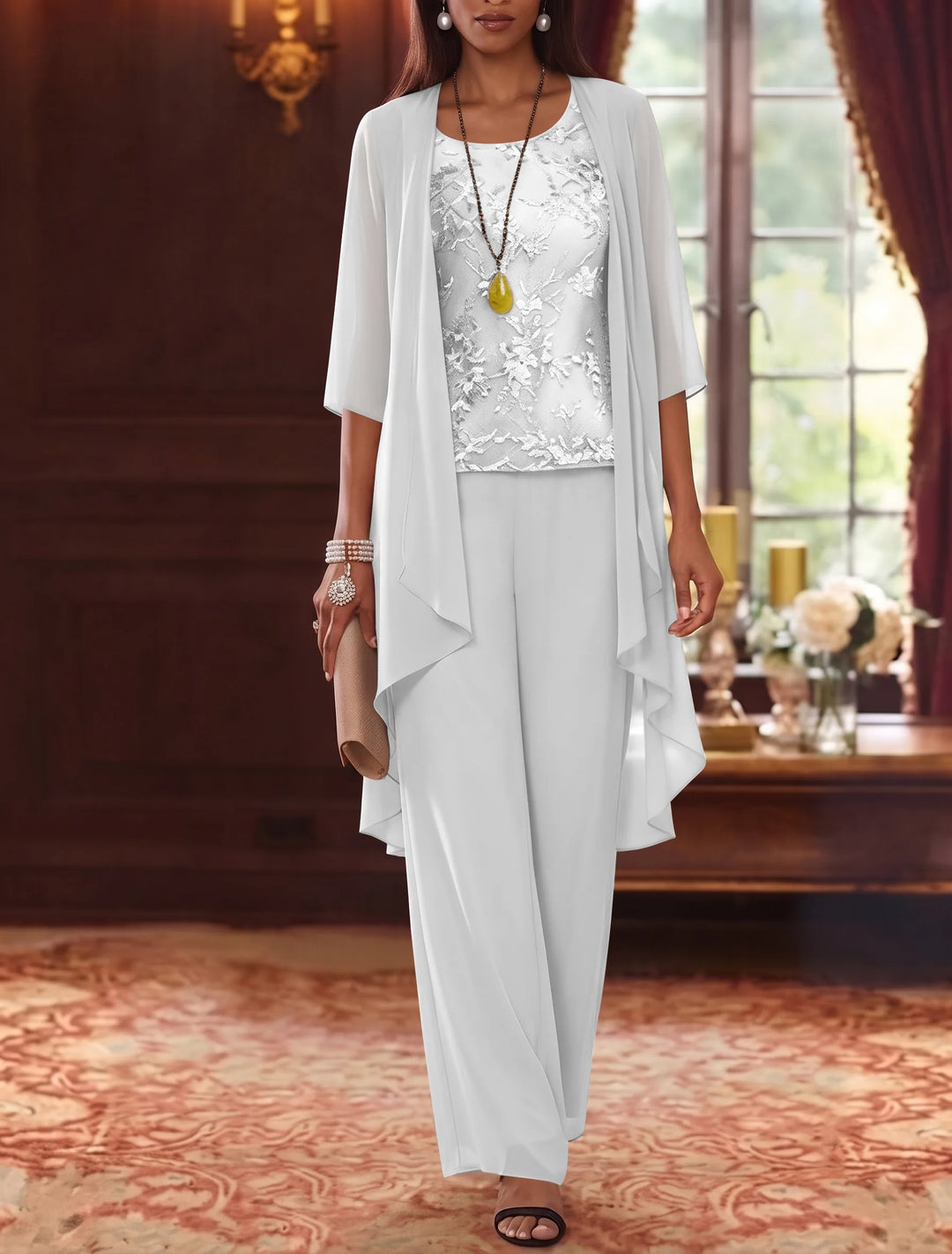 Robe mère de la mariée, Costume-Pantalon, Col Rond, Mousseline, Manches 3/4, Longueur de la Cheville, Dentelle