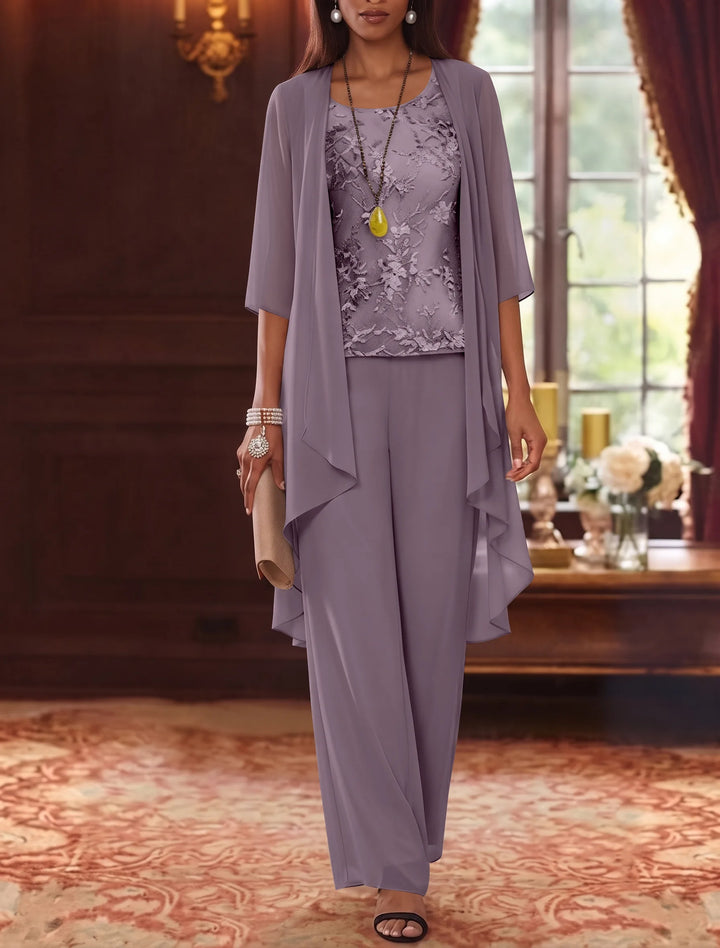 Robe mère de la mariée, Costume-Pantalon, Col Rond, Mousseline, Manches 3/4, Longueur de la Cheville, Dentelle