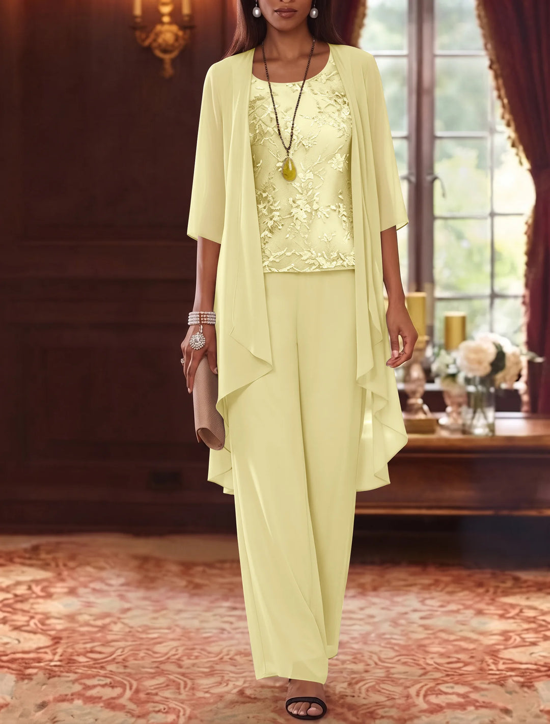 Robe mère de la mariée, Costume-Pantalon, Col Rond, Mousseline, Manches 3/4, Longueur de la Cheville, Dentelle