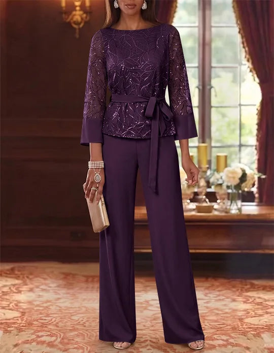 Robe mère de la mariée, Costume-Pantalon, Col Bateau, Mousseline, Manches 3/4, Longueur au Sol, Dentelle Paillettes, avec Ceinture
