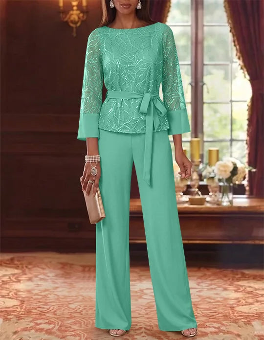 Robe mère de la mariée, Costume-Pantalon, Col Bateau, Mousseline, Manches 3/4, Longueur au Sol, Dentelle Paillettes, avec Ceinture