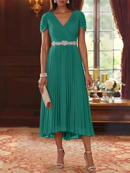 Robe Mère de la Mariée, Ligne A/Princesse, Col en V, Mousseline, Manches Courtes, Longueur du Thé, Plissée, avec Ceinture