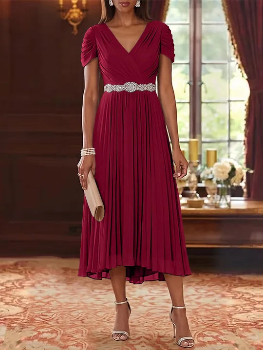 Robe Mère de la Mariée, Ligne A/Princesse, Col en V, Mousseline, Manches Courtes, Longueur du Thé, Plissée, avec Ceinture