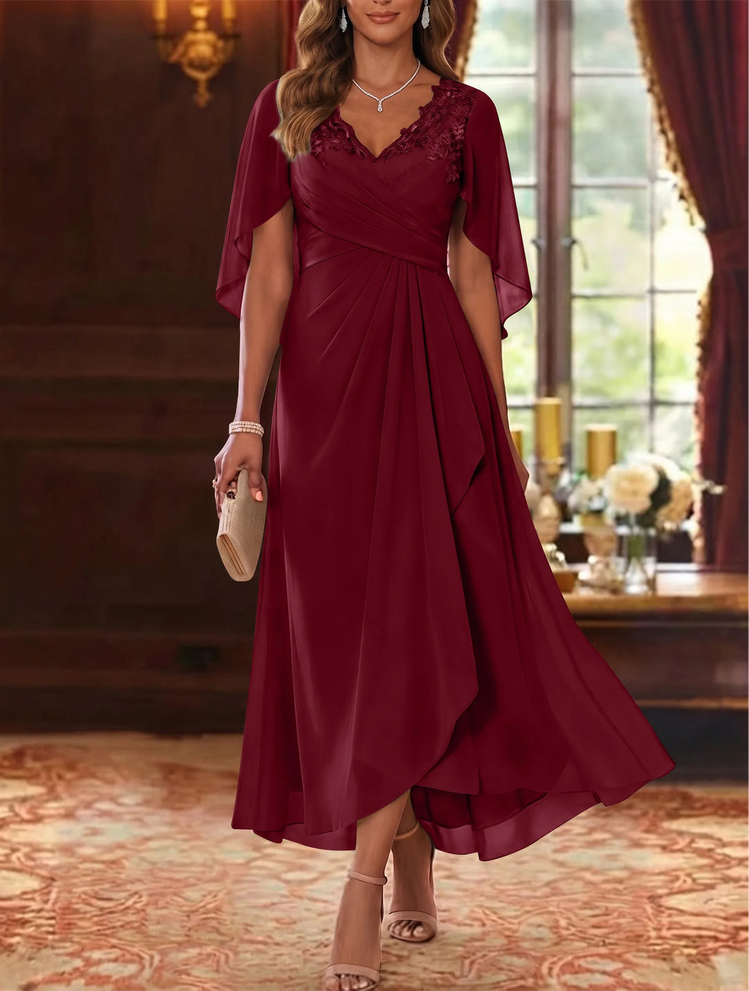 Robe Mère de la Mariée, Ligne A/Princesse, Mousseline, Col en V, Manches Cape, Longueur du Thé, Froncée