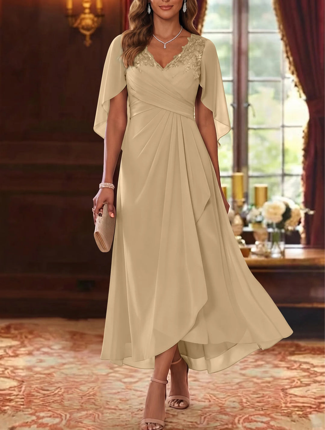 Robe Mère de la Mariée, Ligne A/Princesse, Mousseline, Col en V, Manches Cape, Longueur du Thé, Froncée