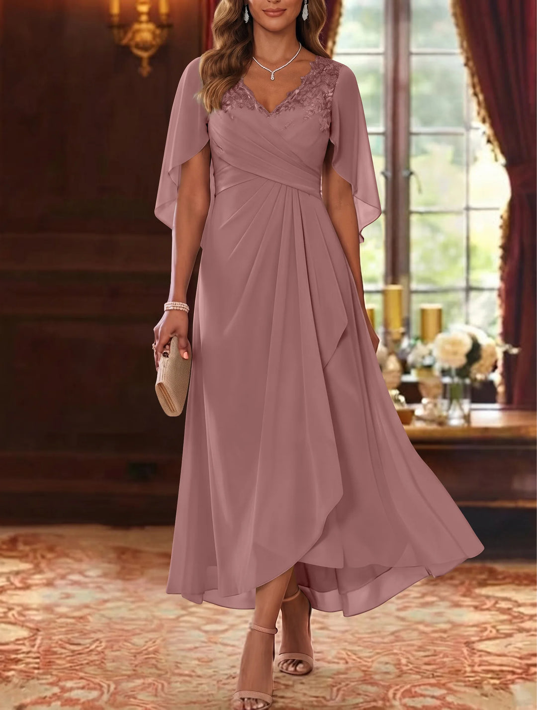 Robe Mère de la Mariée, Ligne A/Princesse, Mousseline, Col en V, Manches Cape, Longueur du Thé, Froncée