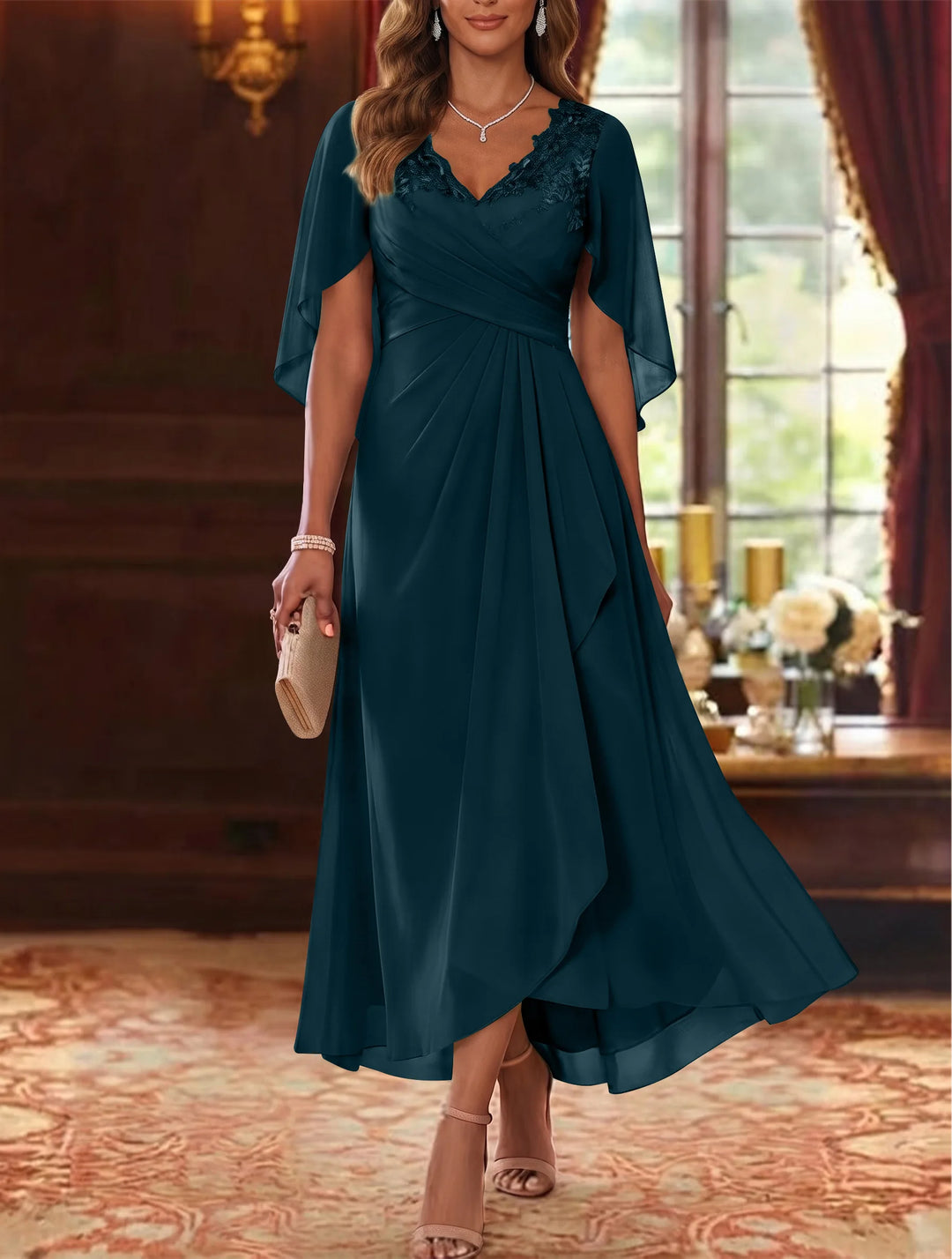 Robe Mère de la Mariée, Ligne A/Princesse, Mousseline, Col en V, Manches Cape, Longueur du Thé, Froncée