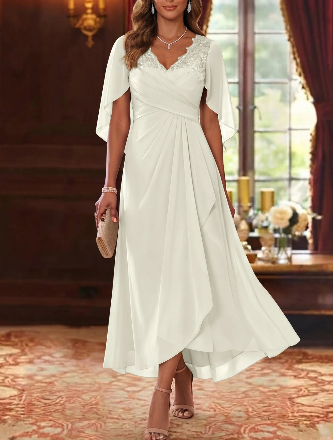 Robe Mère de la Mariée, Ligne A/Princesse, Mousseline, Col en V, Manches Cape, Longueur du Thé, Froncée