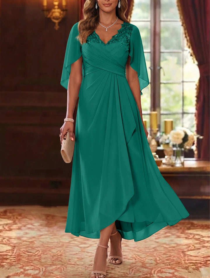 Robe Mère de la Mariée, Ligne A/Princesse, Mousseline, Col en V, Manches Cape, Longueur du Thé, Froncée