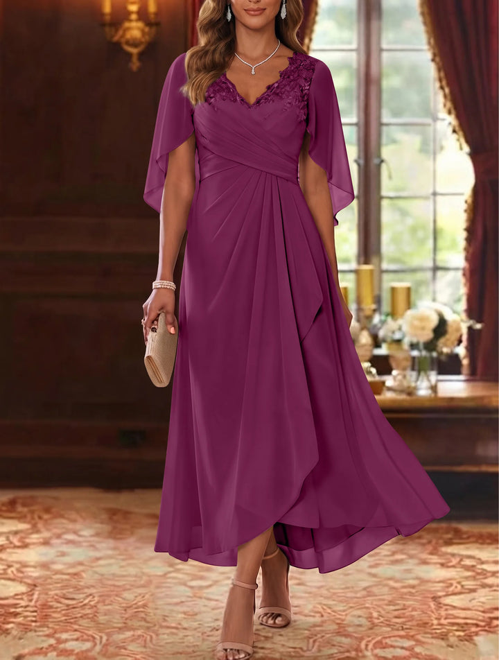 Robe Mère de la Mariée, Ligne A/Princesse, Mousseline, Col en V, Manches Cape, Longueur du Thé, Froncée