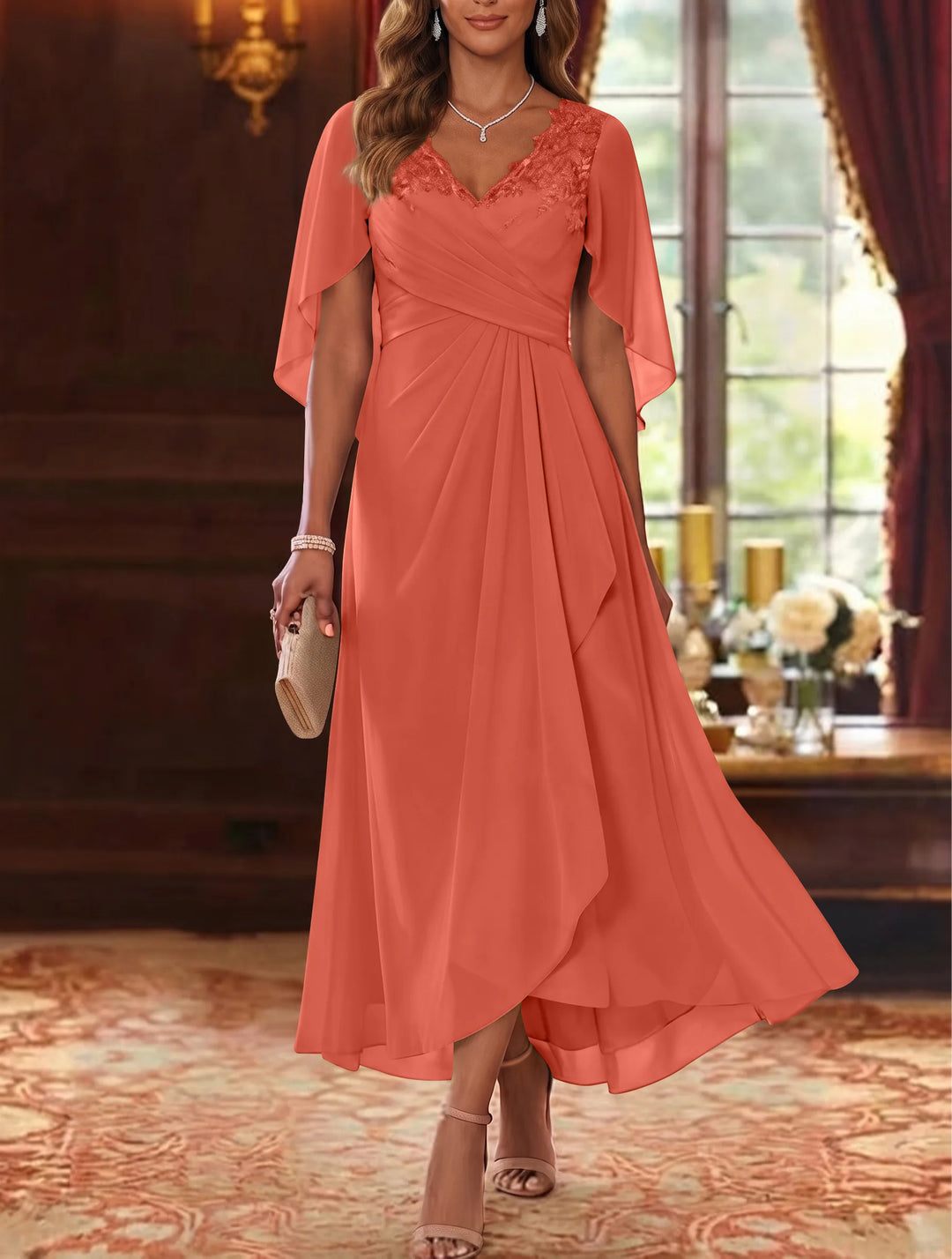 Robe Mère de la Mariée, Ligne A/Princesse, Mousseline, Col en V, Manches Cape, Longueur du Thé, Froncée