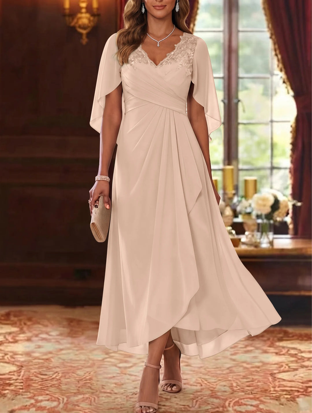 Robe Mère de la Mariée, Ligne A/Princesse, Mousseline, Col en V, Manches Cape, Longueur du Thé, Froncée