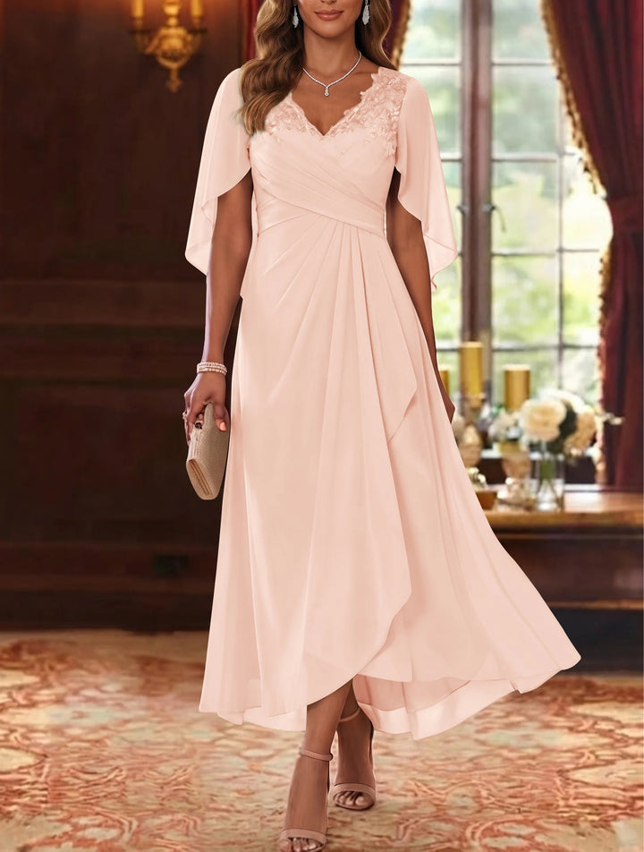 Robe Mère de la Mariée, Ligne A/Princesse, Mousseline, Col en V, Manches Cape, Longueur du Thé, Froncée