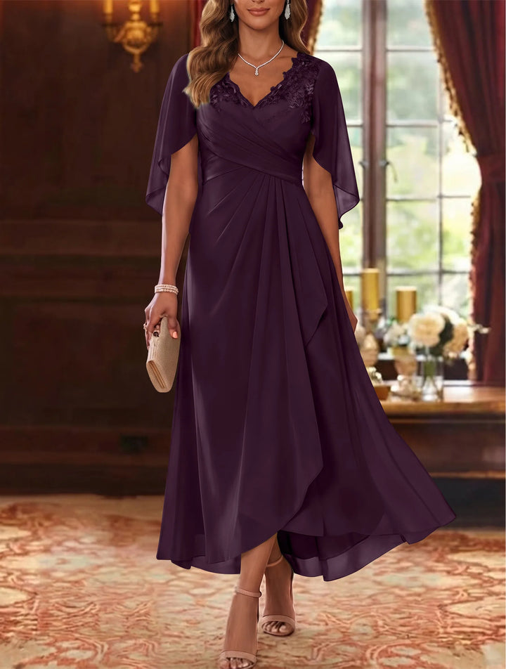 Robe Mère de la Mariée, Ligne A/Princesse, Mousseline, Col en V, Manches Cape, Longueur du Thé, Froncée