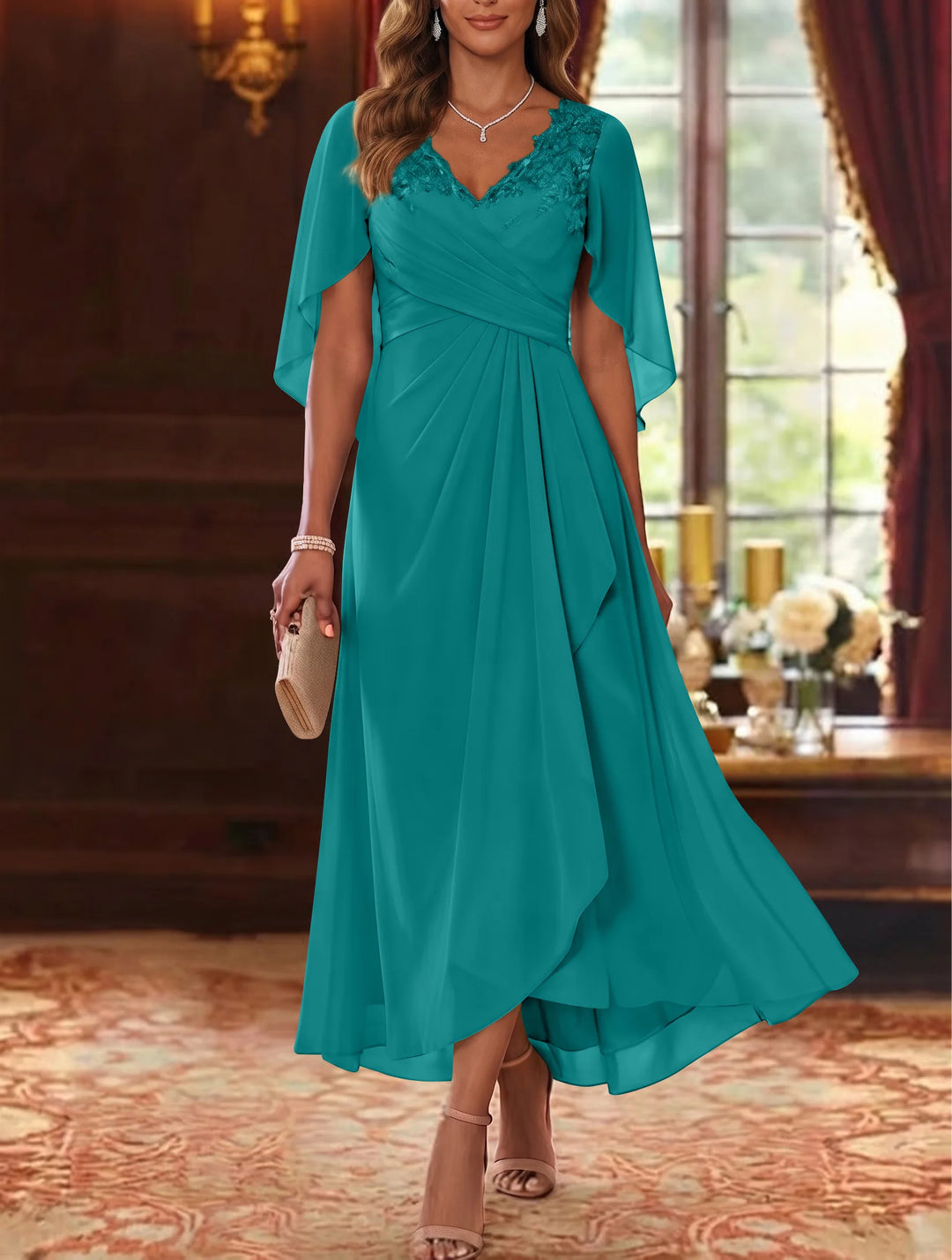 Robe Mère de la Mariée, Ligne A/Princesse, Mousseline, Col en V, Manches Cape, Longueur du Thé, Froncée