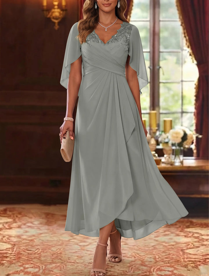 Robe Mère de la Mariée, Ligne A/Princesse, Mousseline, Col en V, Manches Cape, Longueur du Thé, Froncée