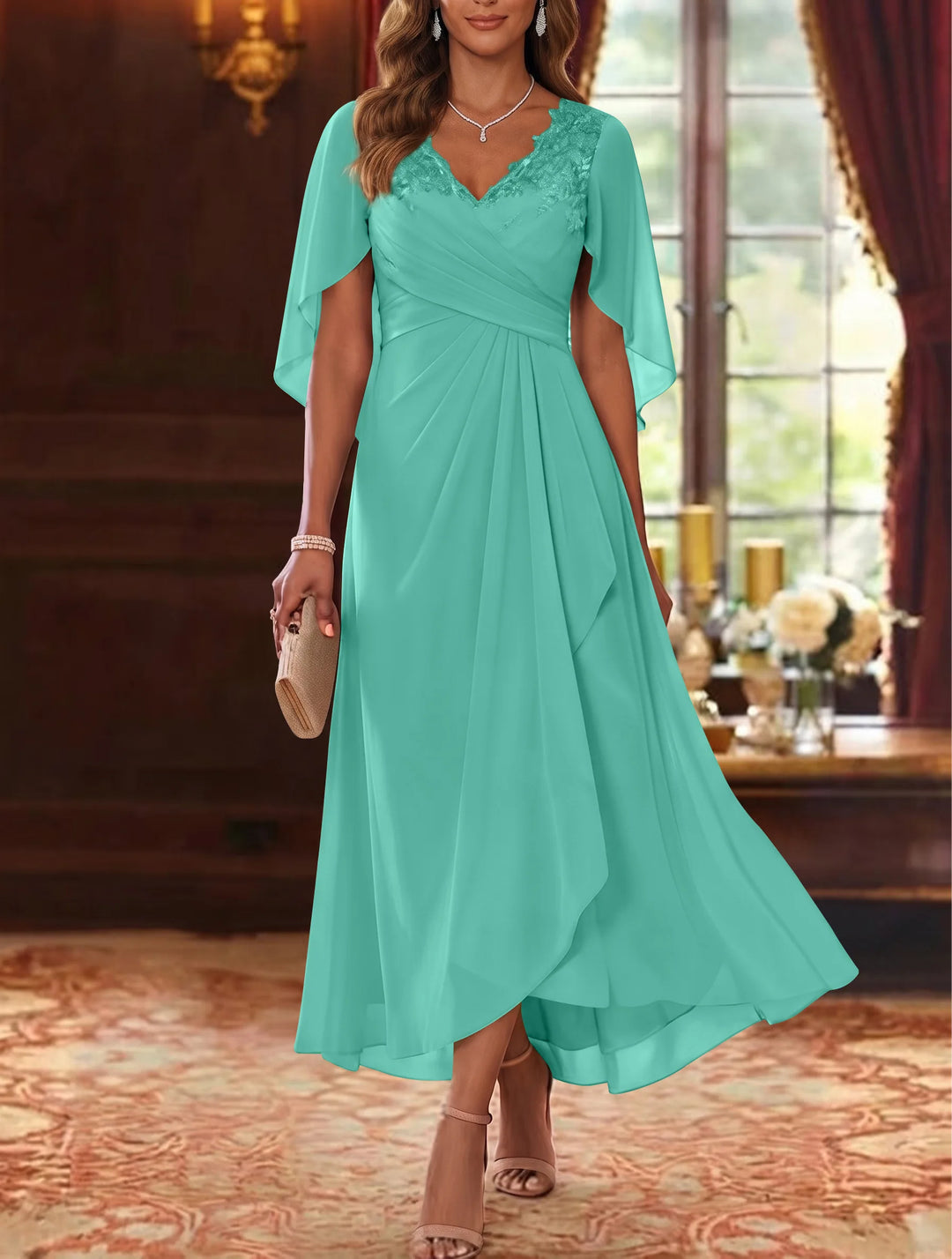 Robe Mère de la Mariée, Ligne A/Princesse, Mousseline, Col en V, Manches Cape, Longueur du Thé, Froncée
