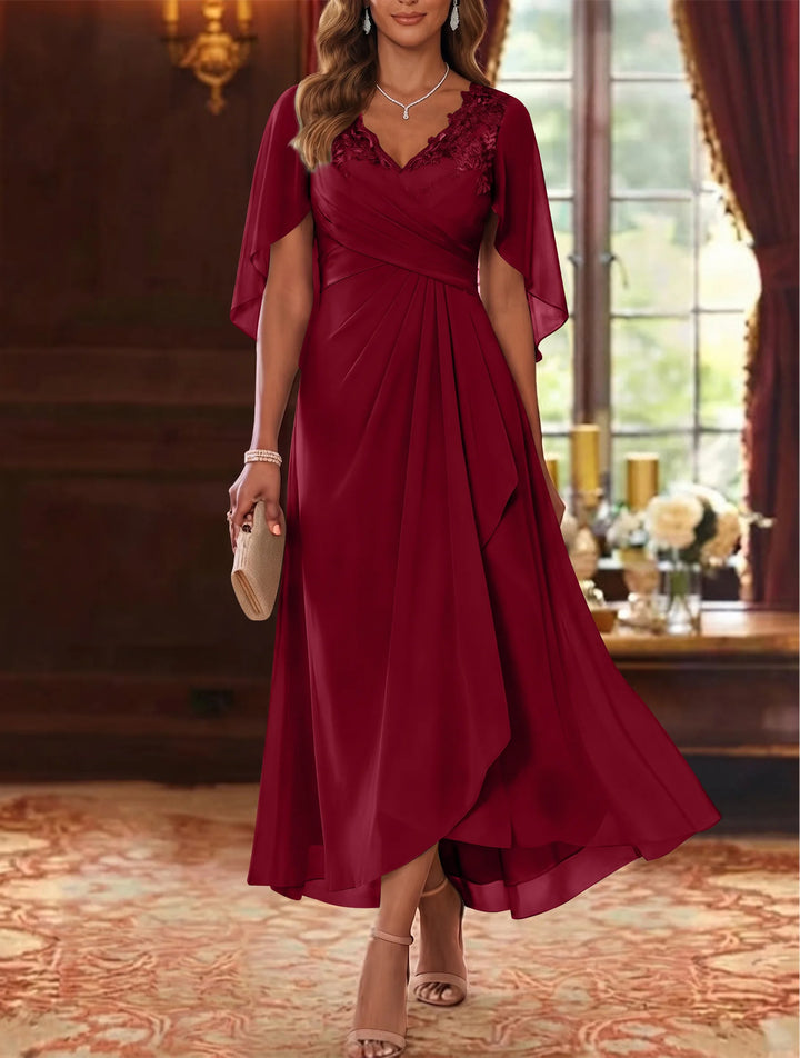 Robe Mère de la Mariée, Ligne A/Princesse, Mousseline, Col en V, Manches Cape, Longueur du Thé, Froncée