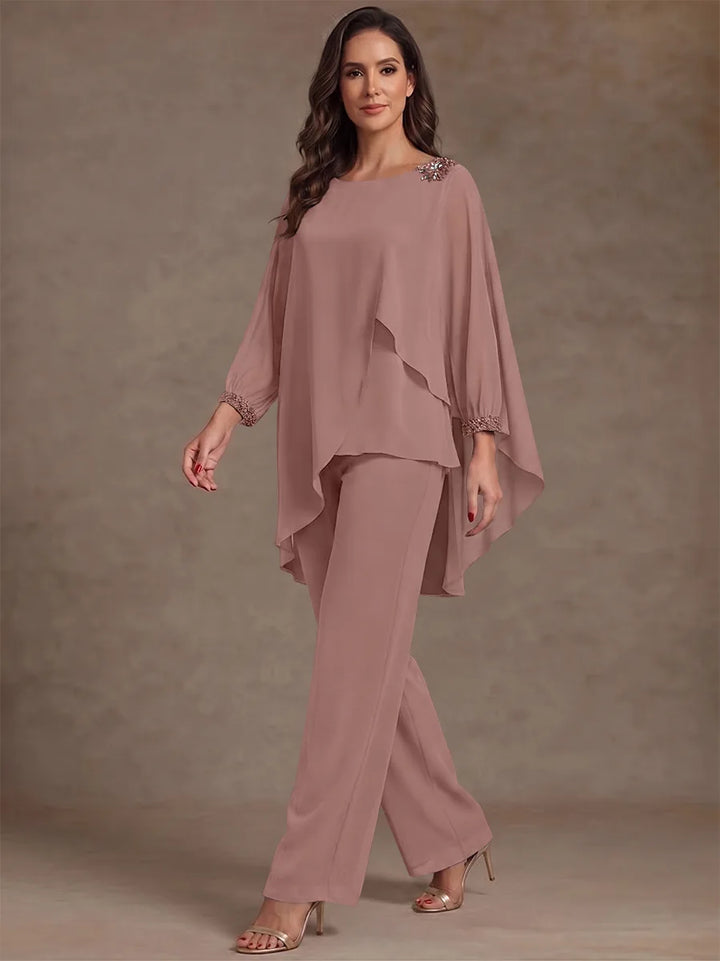2 Pièces Tailleur Pantalon Mère de la Mariée en Mousseline, Col Rond, Longueur de la Cheville, Manches Longues, à Volants