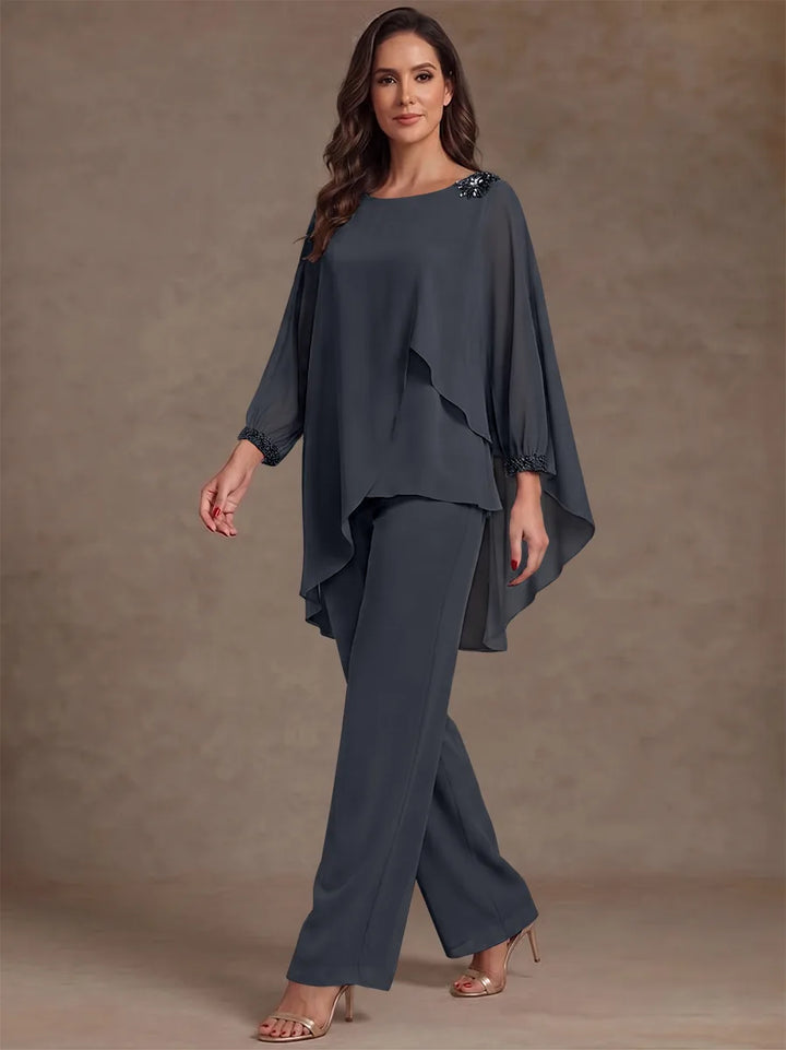 2 Pièces Tailleur Pantalon Mère de la Mariée en Mousseline, Col Rond, Longueur de la Cheville, Manches Longues, à Volants