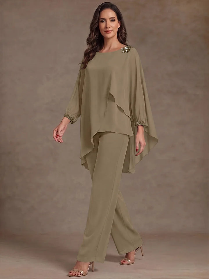 2 Pièces Tailleur Pantalon Mère de la Mariée en Mousseline, Col Rond, Longueur de la Cheville, Manches Longues, à Volants