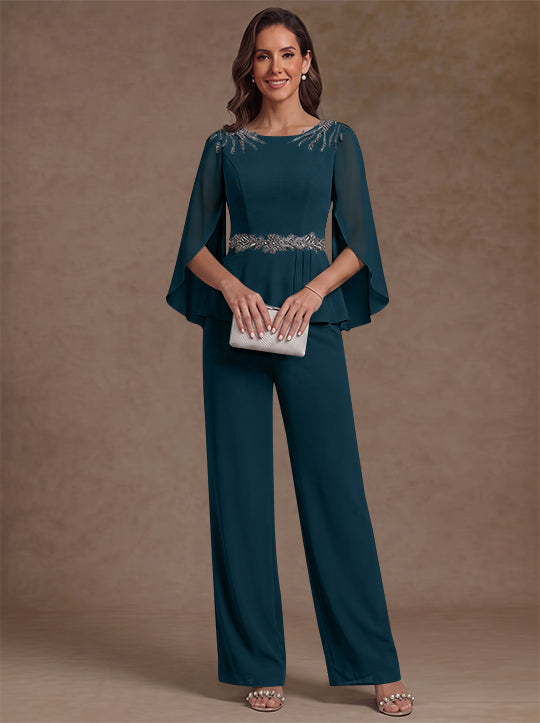 2 Pièces Tailleur Pantalon Mère de la Mariée en Mousseline, Col Rond, Longueur de la Cheville, Manches 3/4, avec Perles