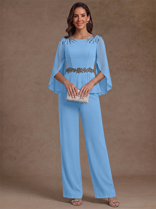 2 Pièces Tailleur Pantalon Mère de la Mariée en Mousseline, Col Rond, Longueur de la Cheville, Manches 3/4, avec Perles