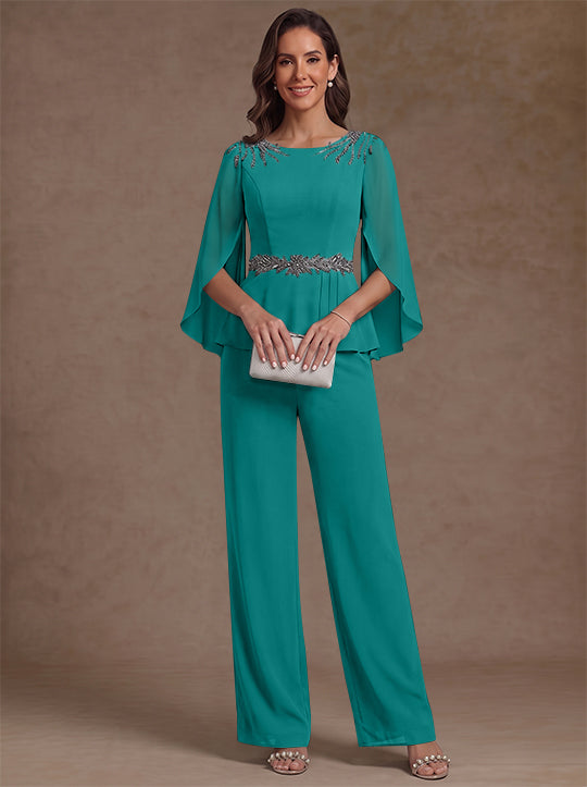 2 Pièces Tailleur Pantalon Mère de la Mariée en Mousseline, Col Rond, Longueur de la Cheville, Manches 3/4, avec Perles