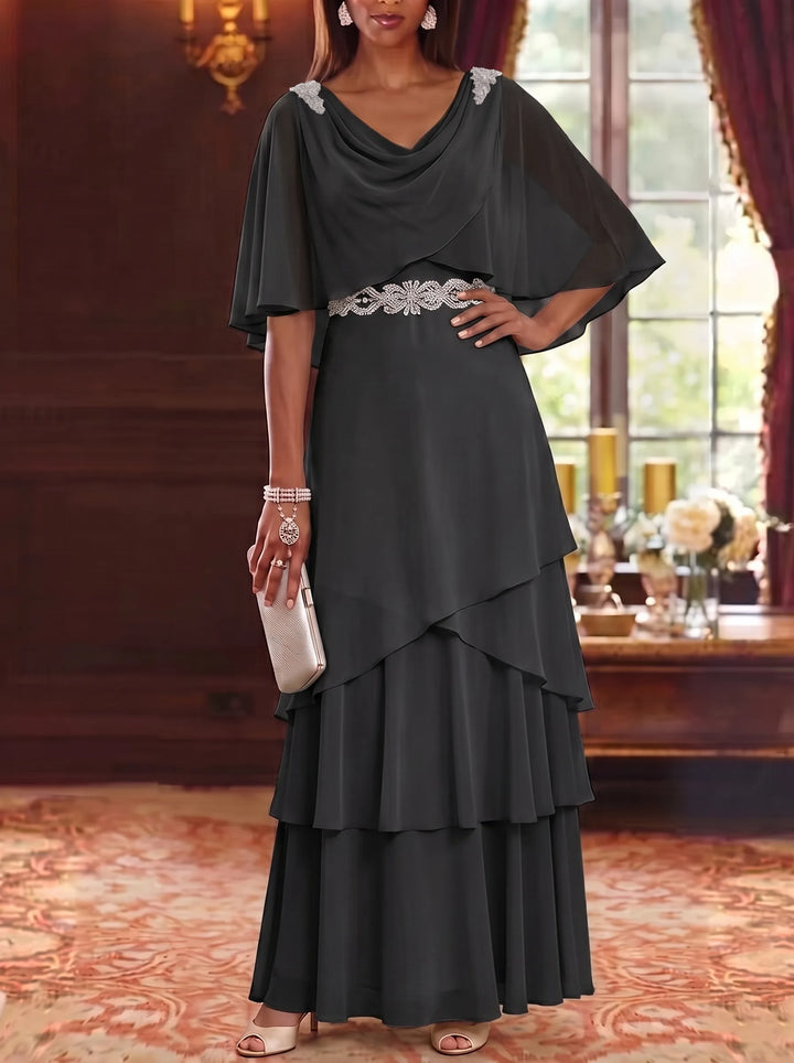 Robe Mère de la Mariée en Mousseline à Col Drapé Ligne A/Princesse Longueur au Sol Manches Cape avec Ceinture à Volants