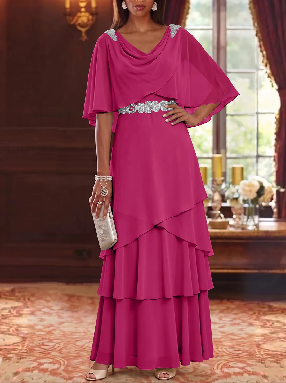 Robe Mère de la Mariée en Mousseline à Col Drapé Ligne A/Princesse Longueur au Sol Manches Cape avec Ceinture à Volants