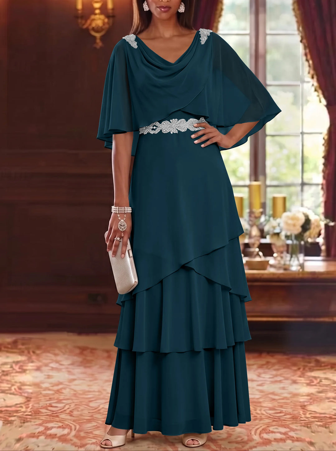 Robe Mère de la Mariée en Mousseline à Col Drapé Ligne A/Princesse Longueur au Sol Manches Cape avec Ceinture à Volants