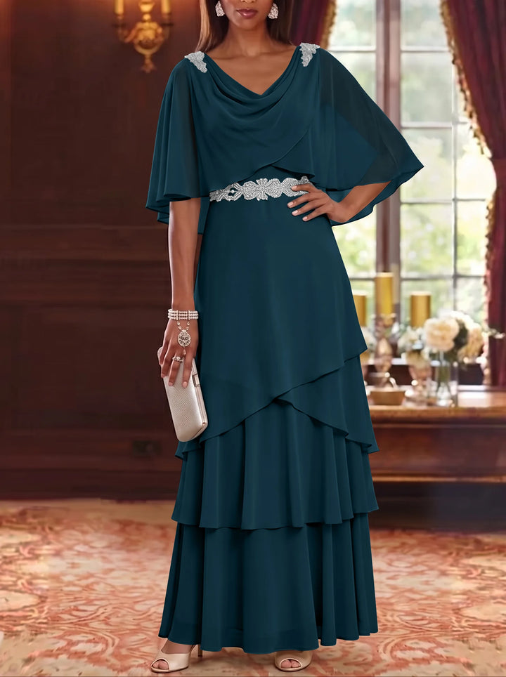 Robe Mère de la Mariée en Mousseline à Col Drapé Ligne A/Princesse Longueur au Sol Manches Cape avec Ceinture à Volants