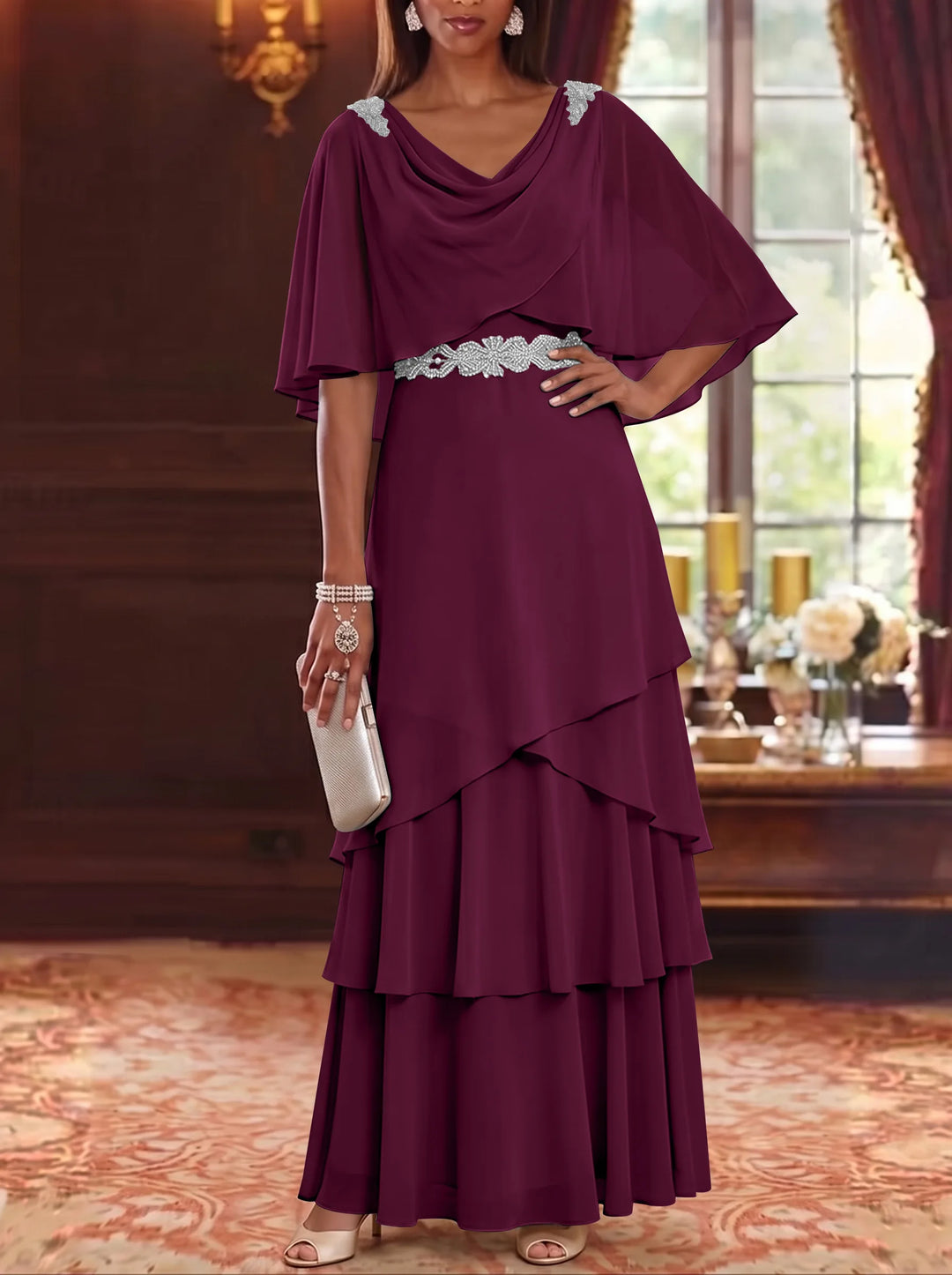 Robe Mère de la Mariée en Mousseline à Col Drapé Ligne A/Princesse Longueur au Sol Manches Cape avec Ceinture à Volants