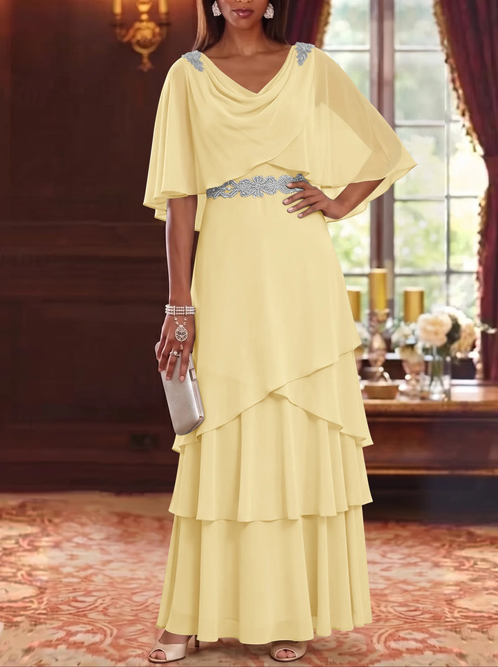 Robe Mère de la Mariée en Mousseline à Col Drapé Ligne A/Princesse Longueur au Sol Manches Cape avec Ceinture à Volants