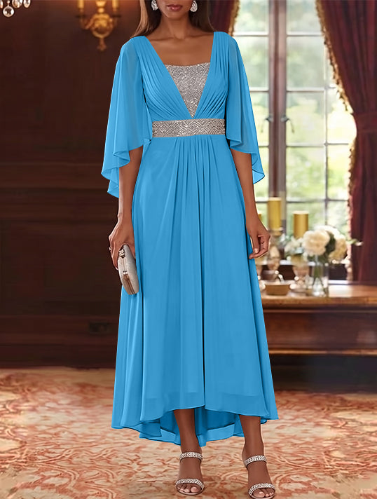 Robe Mère de la Mariée en Mousseline à Col Carré Ligne A/Princesse Longueur Midi Haut-Bas Manches 3/4 avec Ceinture à Paillettes