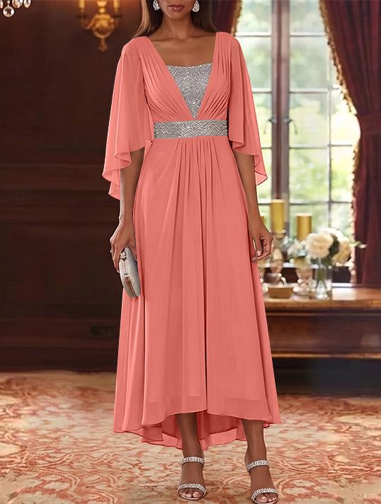 Robe Mère de la Mariée en Mousseline à Col Carré Ligne A/Princesse Longueur Midi Haut-Bas Manches 3/4 avec Ceinture à Paillettes