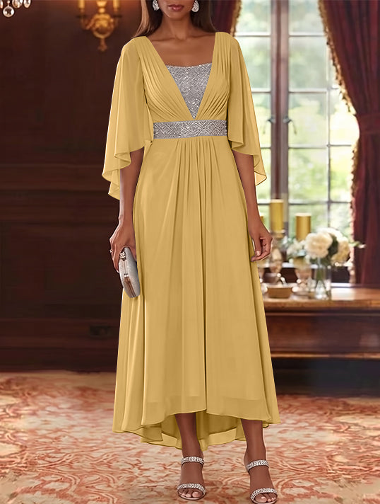Robe Mère de la Mariée en Mousseline à Col Carré Ligne A/Princesse Longueur Midi Haut-Bas Manches 3/4 avec Ceinture à Paillettes