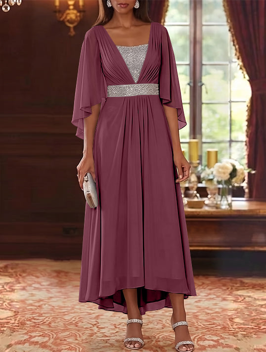 Robe Mère de la Mariée en Mousseline à Col Carré Ligne A/Princesse Longueur Midi Haut-Bas Manches 3/4 avec Ceinture à Paillettes