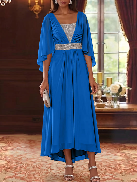 Robe Mère de la Mariée en Mousseline à Col Carré Ligne A/Princesse Longueur Midi Haut-Bas Manches 3/4 avec Ceinture à Paillettes