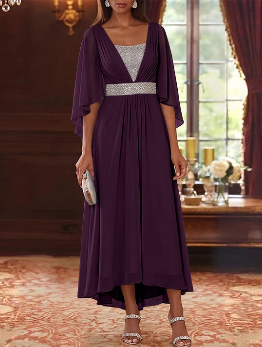 Robe Mère de la Mariée en Mousseline à Col Carré Ligne A/Princesse Longueur Midi Haut-Bas Manches 3/4 avec Ceinture à Paillettes
