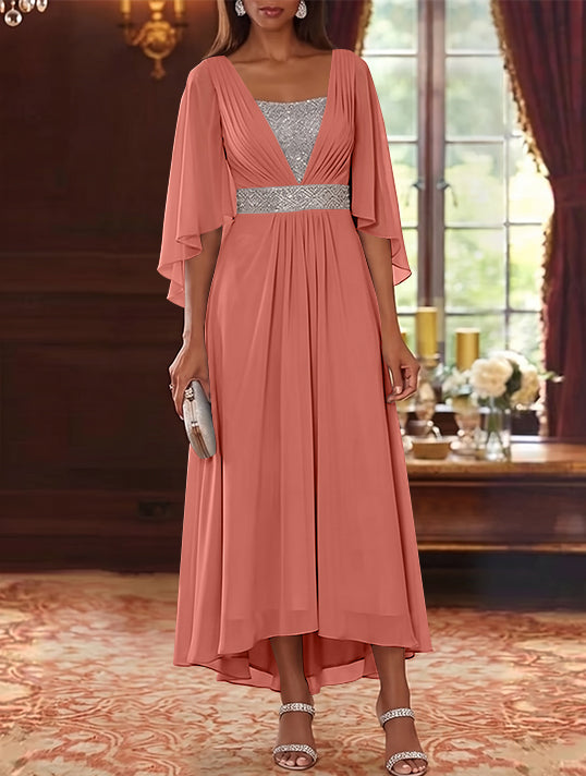 Robe Mère de la Mariée en Mousseline à Col Carré Ligne A/Princesse Longueur Midi Haut-Bas Manches 3/4 avec Ceinture à Paillettes