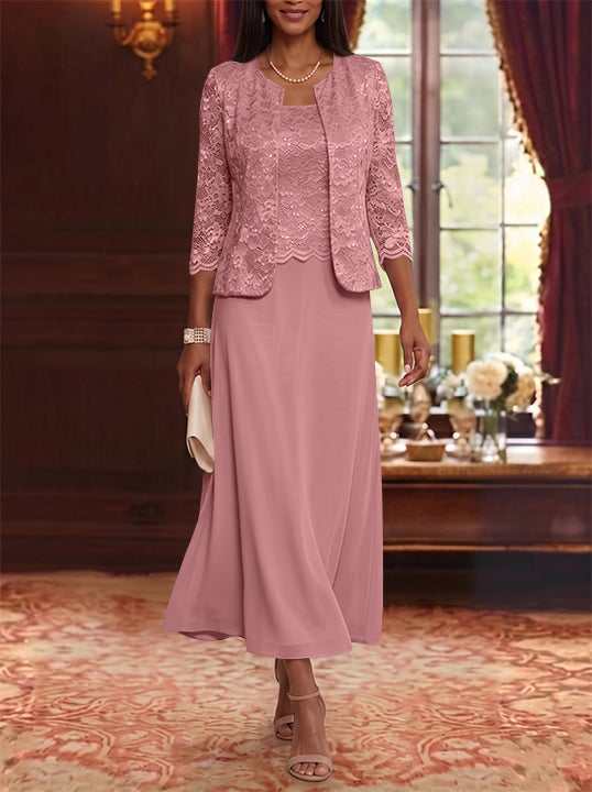 Robe Mère de la Mariée Ligne A/Princesse Florale en Mousseline à Col Rond Manches 3/4 Longueur Midi