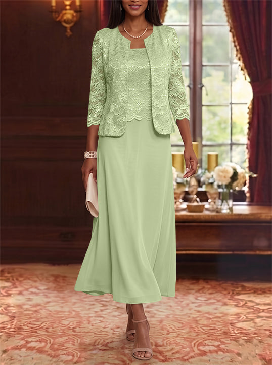 Robe Mère de la Mariée Ligne A/Princesse Florale en Mousseline à Col Rond Manches 3/4 Longueur Midi