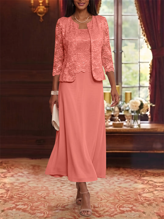 Robe Mère de la Mariée Ligne A/Princesse Florale en Mousseline à Col Rond Manches 3/4 Longueur Midi