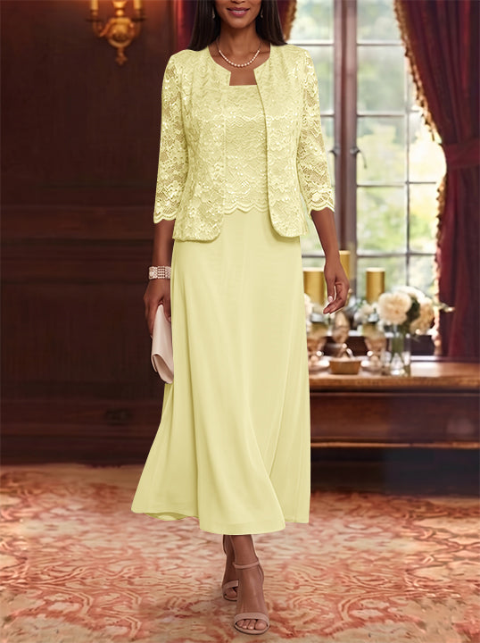Robe Mère de la Mariée Ligne A/Princesse Florale en Mousseline à Col Rond Manches 3/4 Longueur Midi