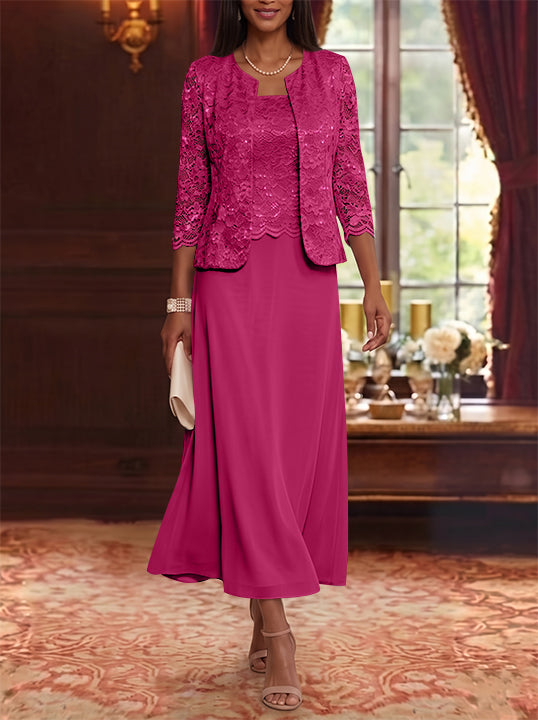 Robe Mère de la Mariée Ligne A/Princesse Florale en Mousseline à Col Rond Manches 3/4 Longueur Midi