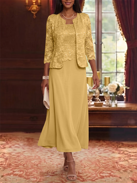Robe Mère de la Mariée Ligne A/Princesse Florale en Mousseline à Col Rond Manches 3/4 Longueur Midi