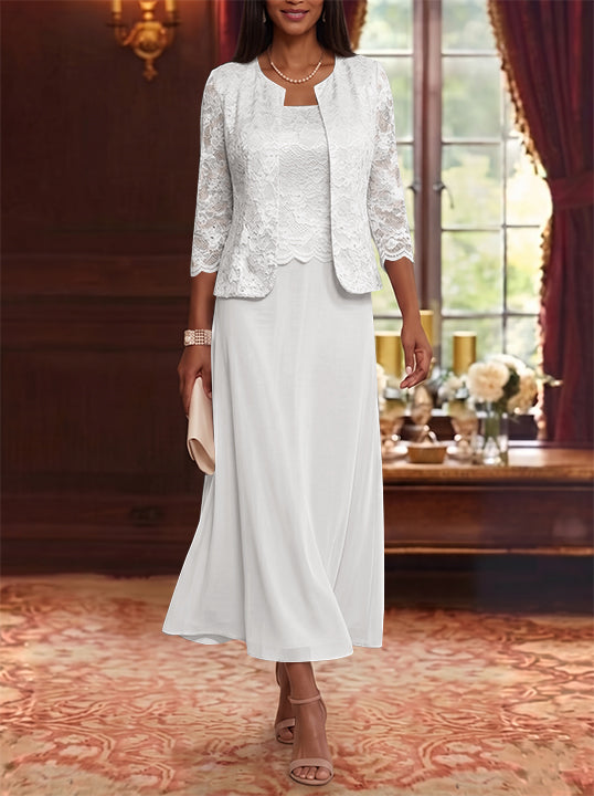 Robe Mère de la Mariée Ligne A/Princesse Florale en Mousseline à Col Rond Manches 3/4 Longueur Midi