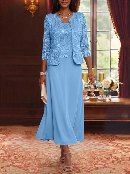 Robe Mère de la Mariée Ligne A/Princesse Florale en Mousseline à Col Rond Manches 3/4 Longueur Midi
